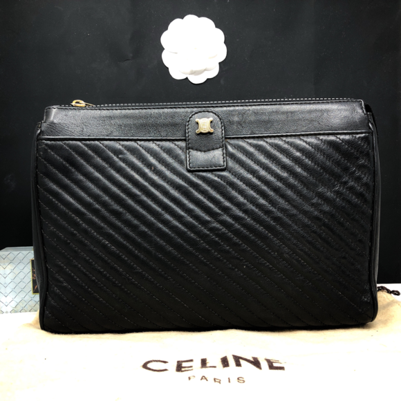 CELINE Handbags - Celine vintage logo chevron large zip pouch clutch make up bag